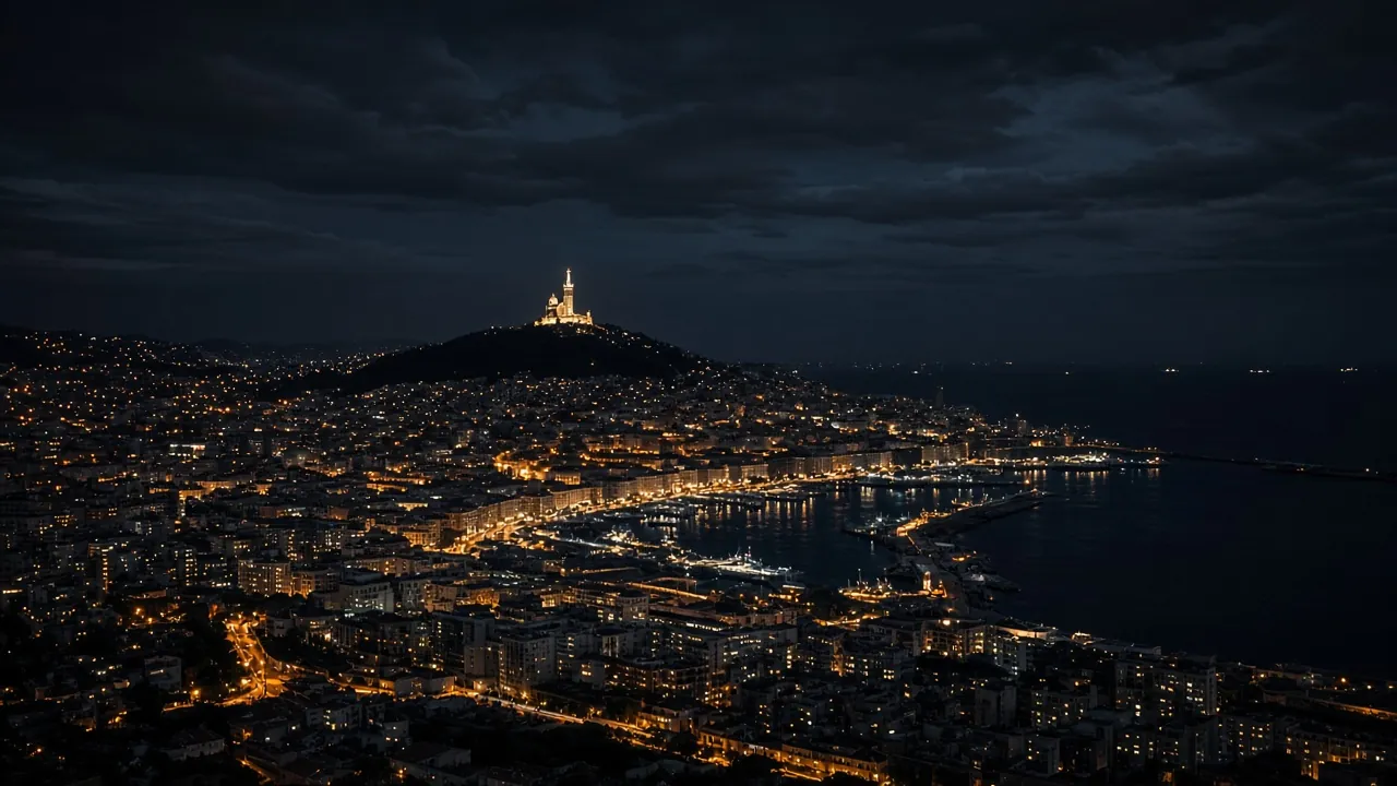 Vue nocturne de Marseille et de ses collines.