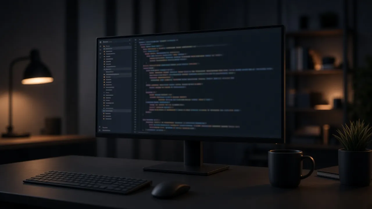 Écran d'éditeur de code dans un environnement de développement sombre.
